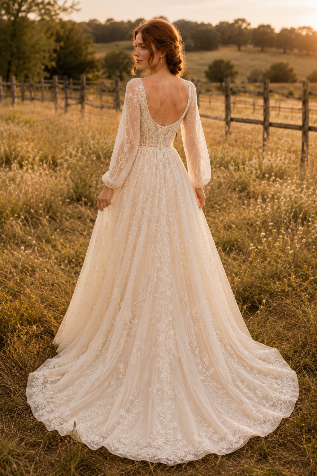 Square Neck Long Sleeve A-Line Wedding Dress with Lace Bodice and Chapel Train for Rustic Garden Ceremony back view