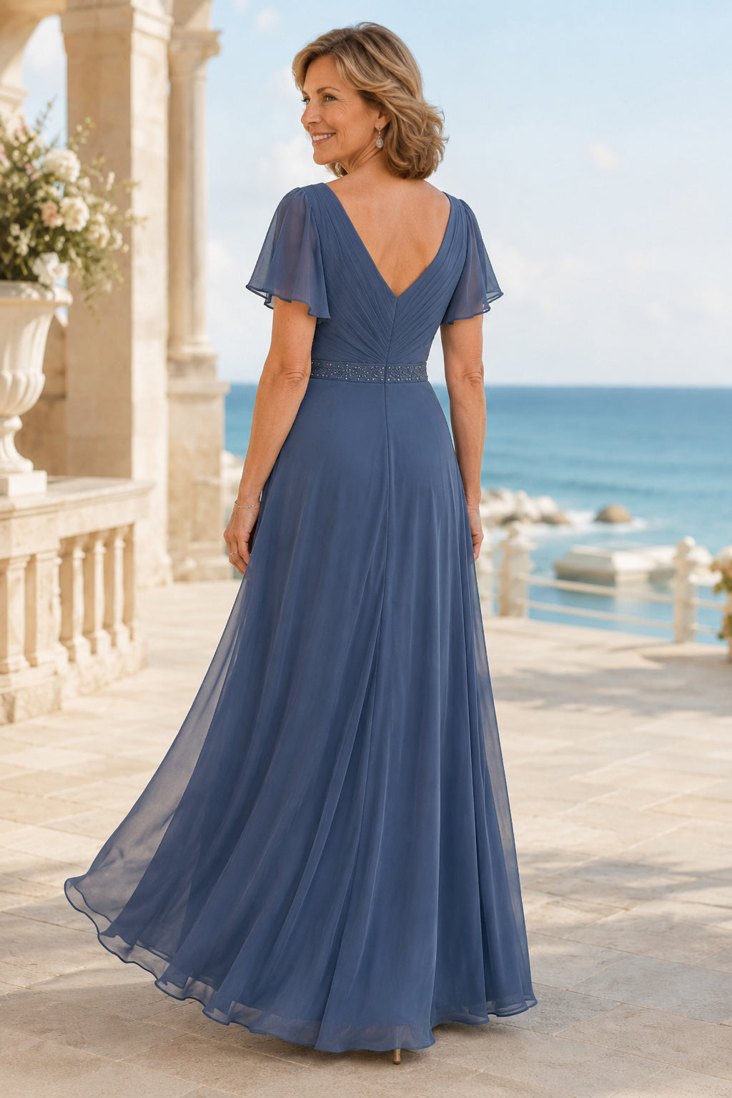 Steel Blue V-Neck Chiffon Mother Dress with Flutter Sleeves and Beaded Waist for Evening Reception Style MG_300472 back view