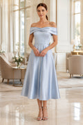 Sky Blue Satin Midi Wedding Guest Sheath Dress front view