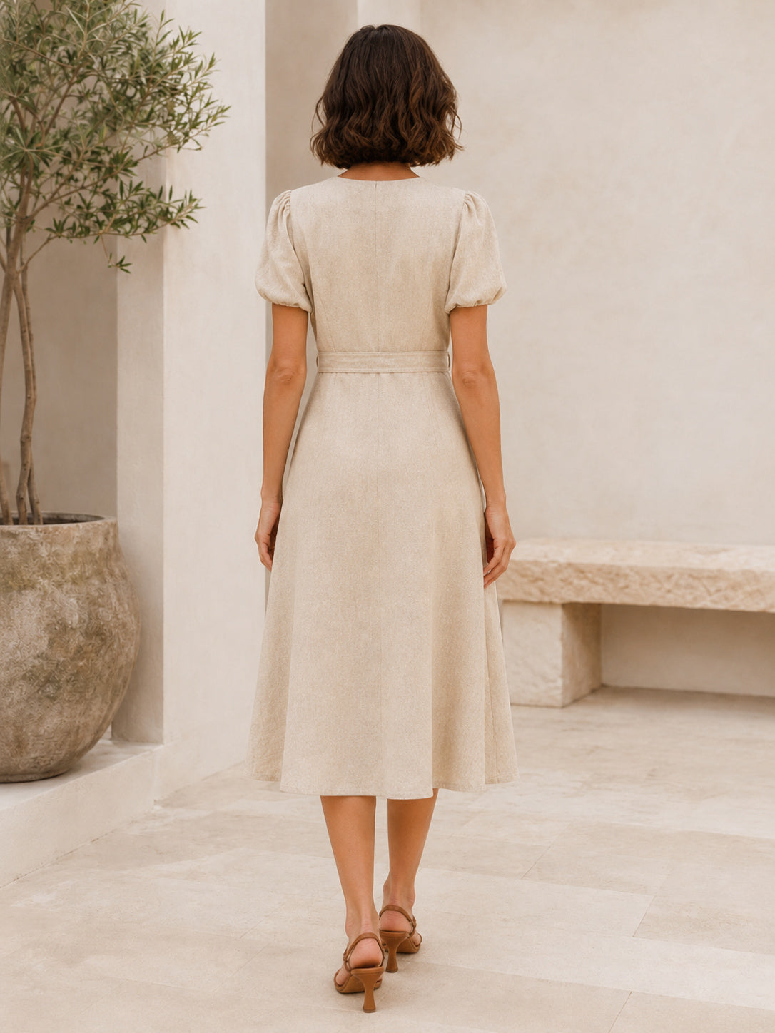 Beige Linen Wrap V Neck Short Sleeve Minimalist Midi Dress back view
