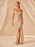 Champagne Sequin Off Shoulder Slit Mermaid Evening Dress front view