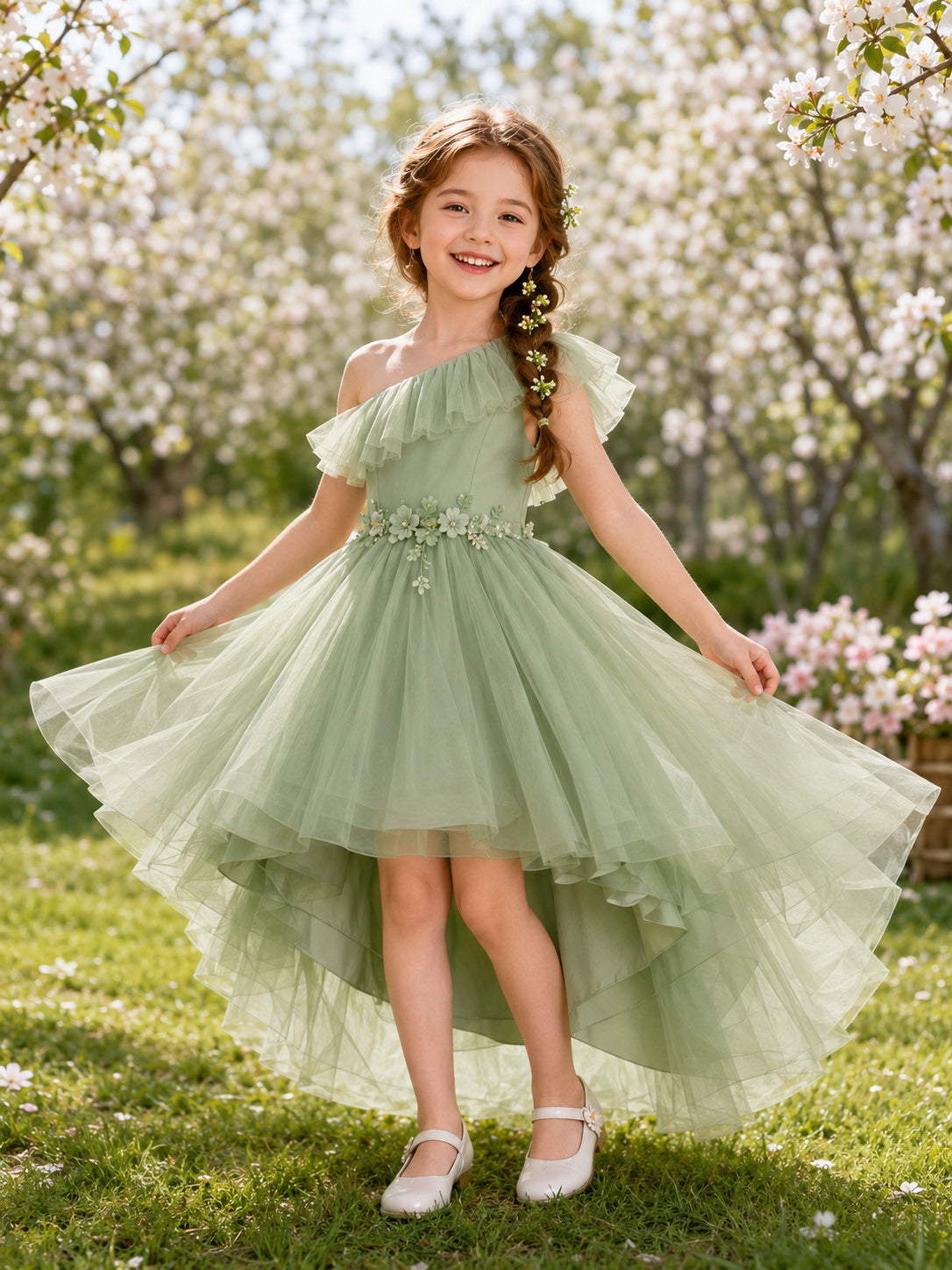 Flower Girl Dress Sage Tulle A-Line One Shoulder High Low Wedding Party Dress front view