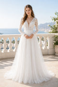 White Off-the-shoulder Long Sleeves Sheath Lace Floor-length Wedding Dress With Lace and Lace Bodice
