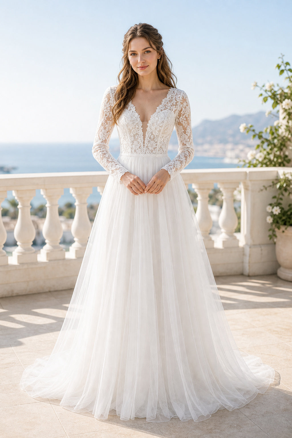 White Off-the-shoulder Long Sleeves Sheath Lace Floor-length Wedding Dress With Lace and Lace Bodice