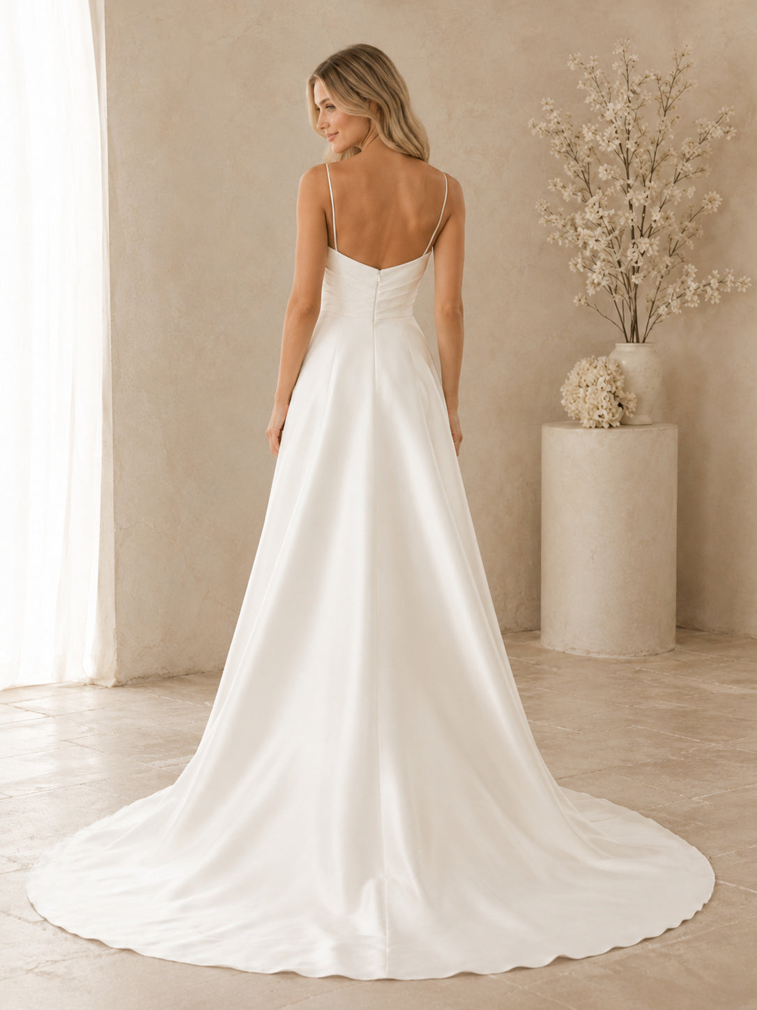 Affordable Sweetheart Satin Wedding A Line Spaghetti Strap Court Train back view