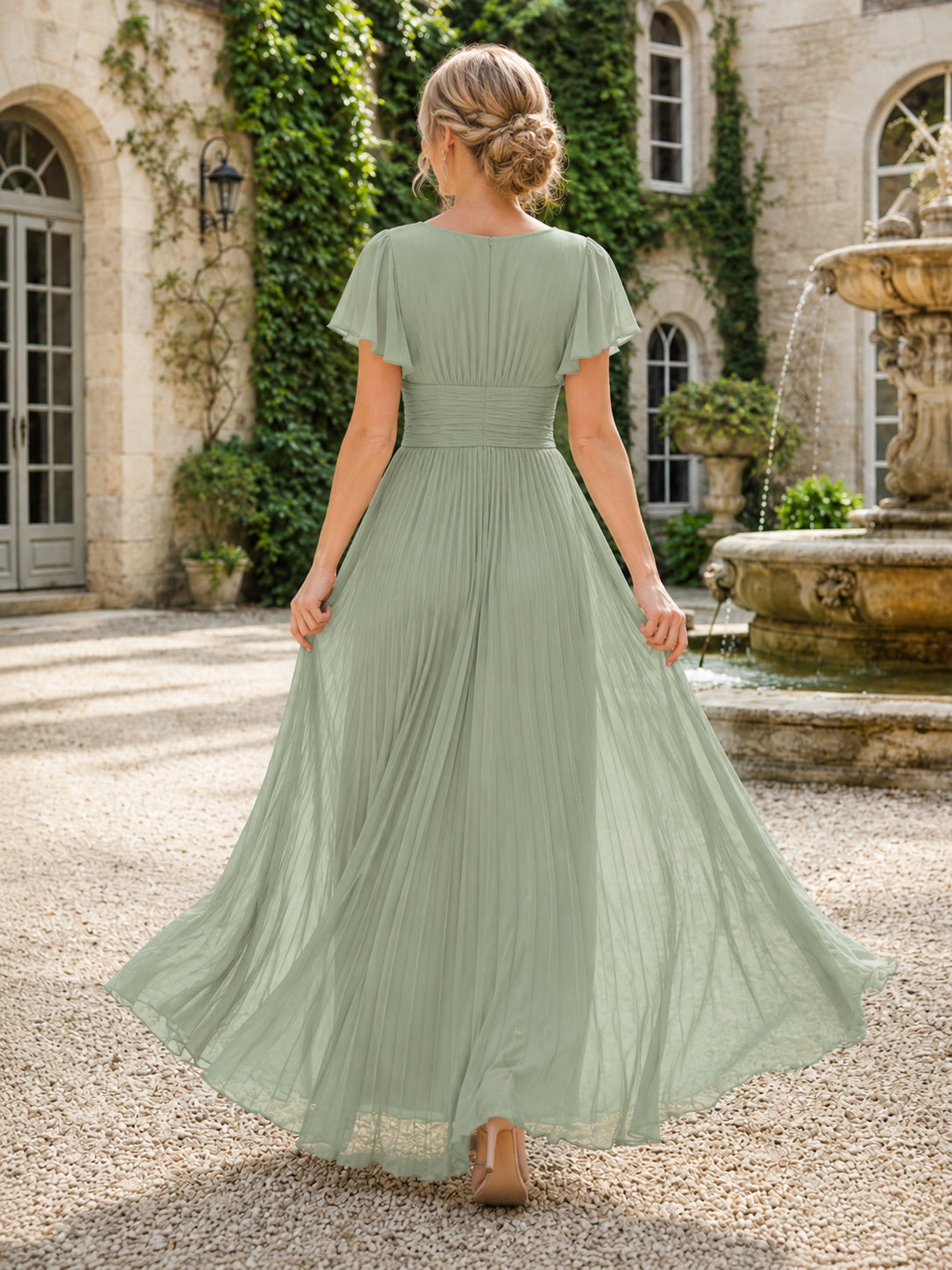 Estate Sage V-Neck Chiffon A-Line Floor-Length Short Sleeve Bridesmaid Dress back view