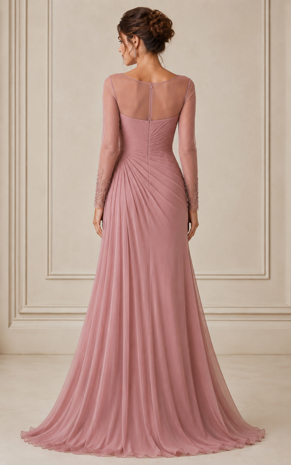 Dusty Rose Chiffon Evening Gown with Illusion Sleeves Ruched Mermaid Skirt back view