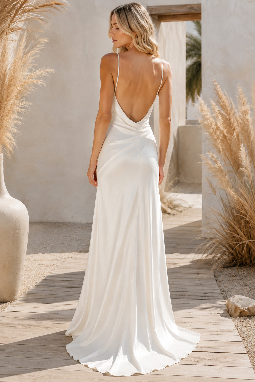 Ivory Simple Cowl Neck Sheath Satin Wedding Dress with Spaghetti Straps and Sweep Train Style MG_701414 back view