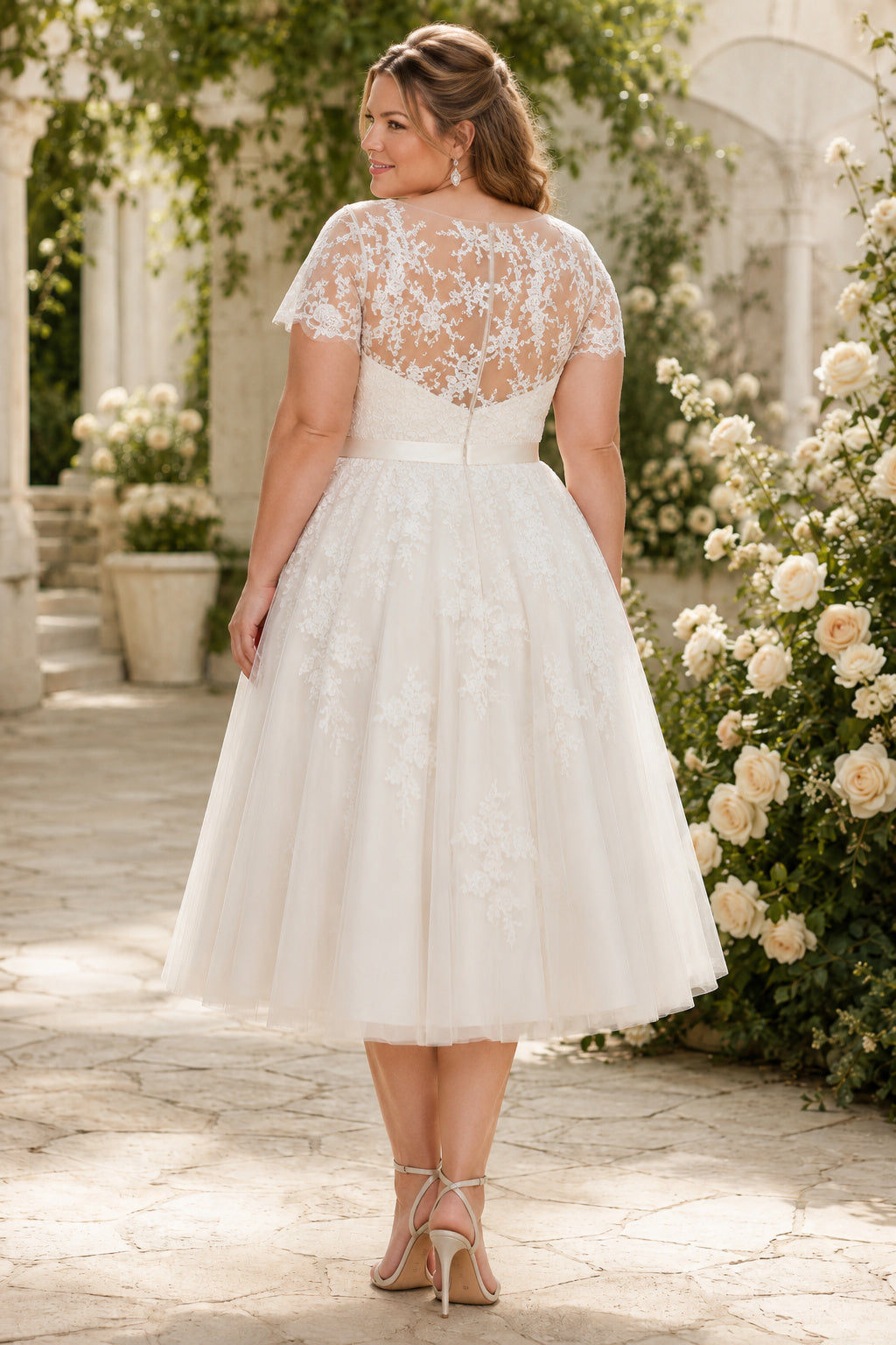 Plus Size Lace Cap Sleeve Tea-Length Wedding Dress with Tulle Skirt back view