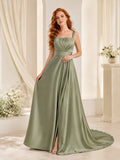 Sage Green Square Neck Draped Satin A-Line Sweep Train Wedding Gown front view