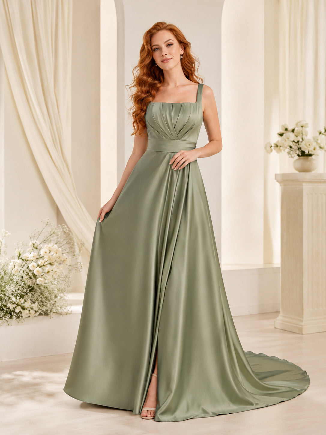 Sage Green Square Neck Draped Satin A-Line Sweep Train Wedding Gown front view