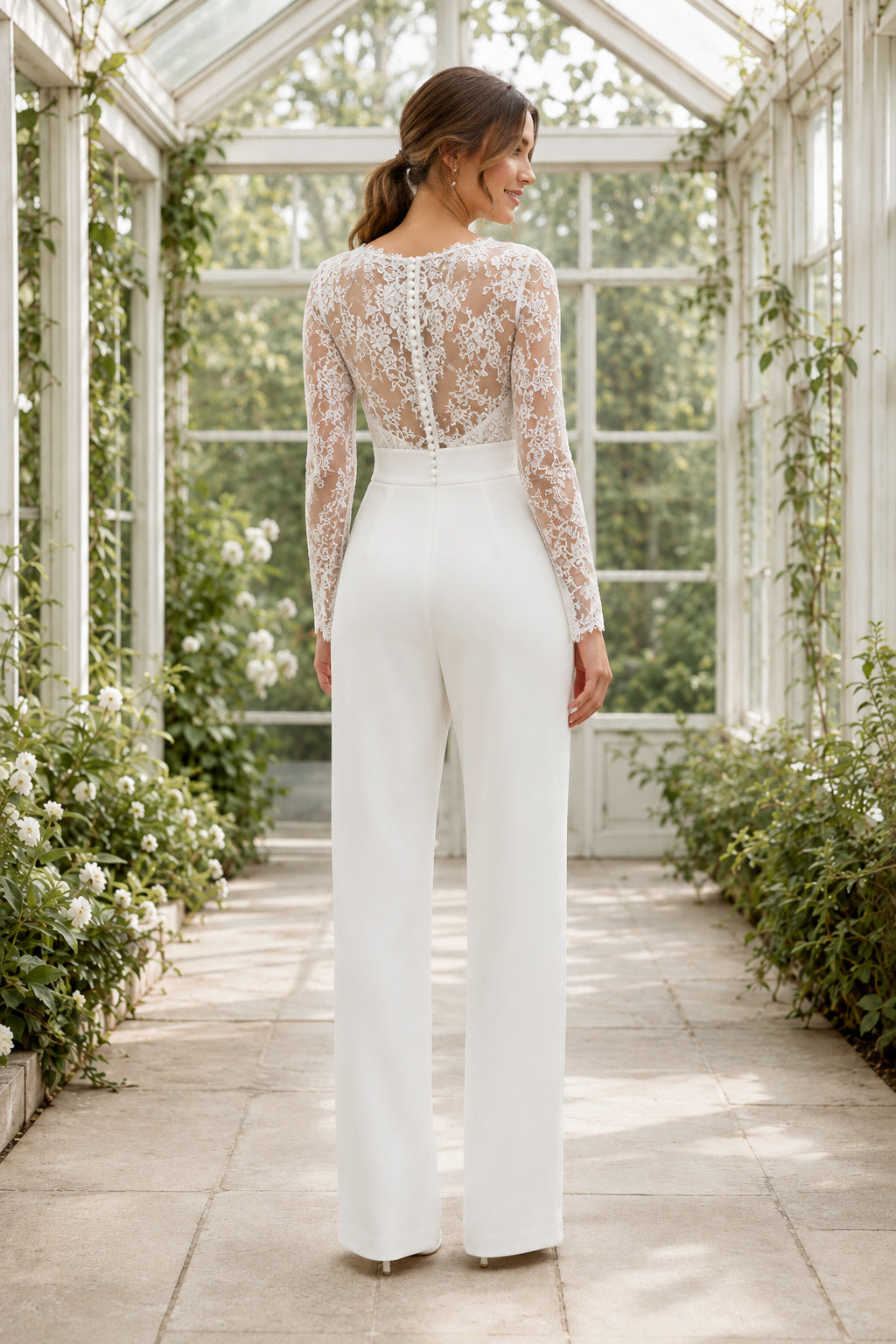 White Long Sleeve Lace Bodice Bridal Jumpsuit Style 720286 back view