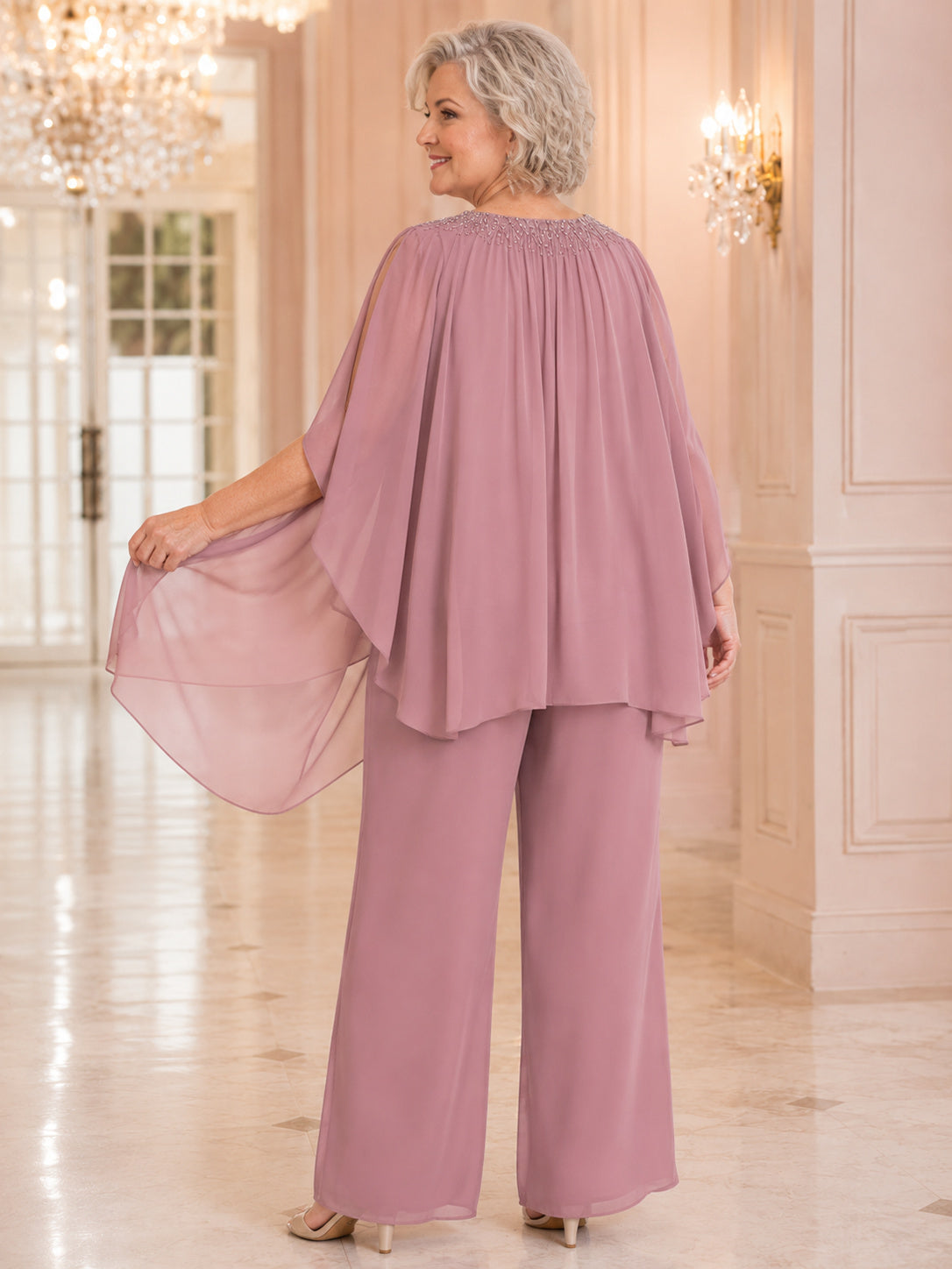 Dusty Rose Plus Size Elegant Palazzo Chiffon Mother of the Bride Pantsuit Gathered Jewel Neck Flowing Cape Overlay Floor Trou