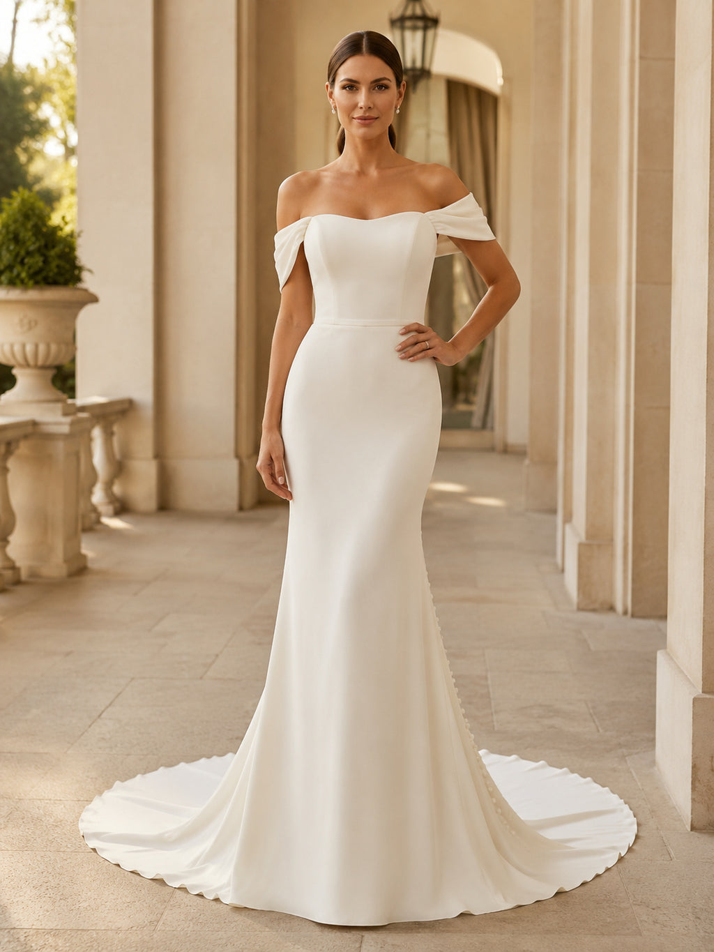 Minimalist Stretch Satin Wedding Dress Mermaid Off Shoulder Sweep Train Bridal Gown front view