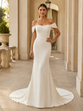 Minimalist Stretch Satin Wedding Dress Mermaid Off Shoulder Sweep Train Bridal Gown front view
