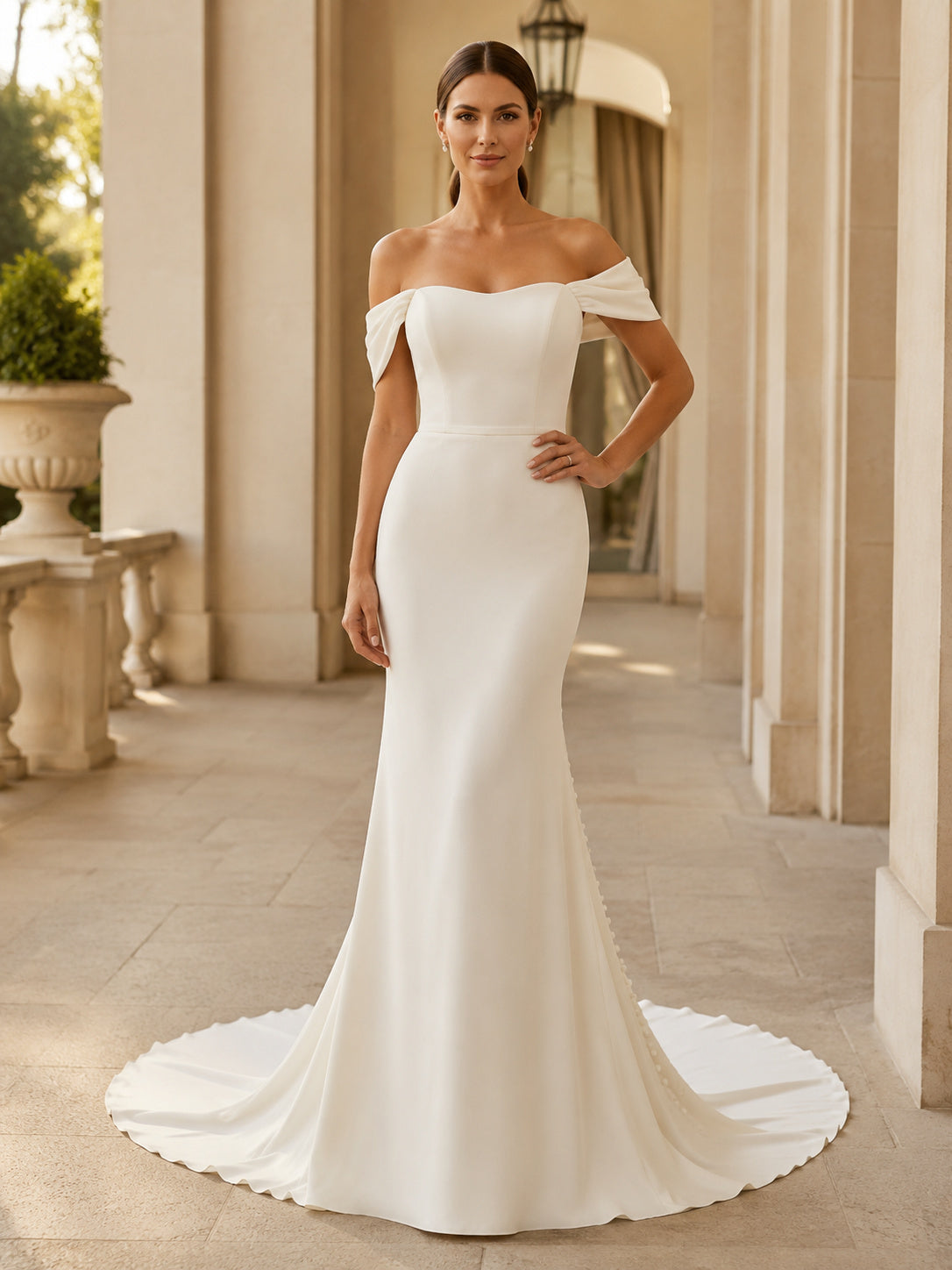 Minimalist Stretch Satin Wedding Dress Mermaid Off Shoulder Sweep Train Bridal Gown front view