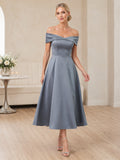 Steel Blue Off-Shoulder Satin Tea-Length A-Line Modest Wedding Dress front view