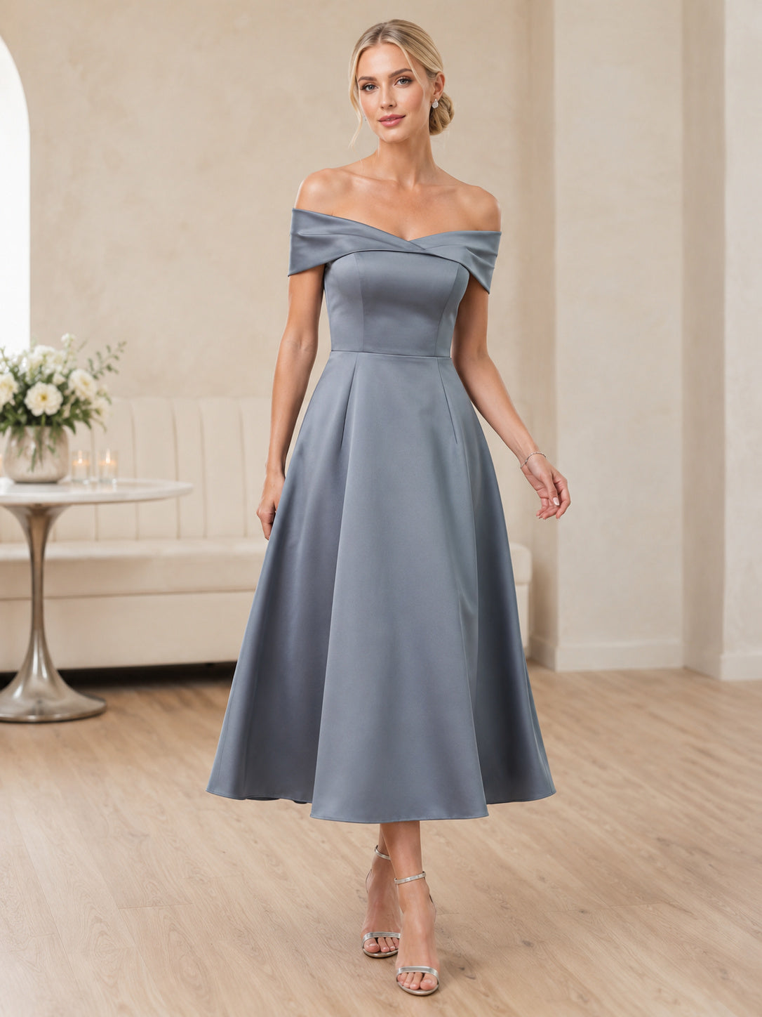 Steel Blue Off-Shoulder Satin Tea-Length A-Line Modest Wedding Dress front view