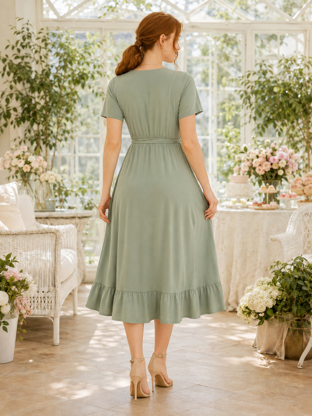 Sage Green Wrap Ruffle Hem Nursing Friendly Midi Dress back view