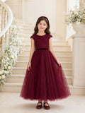 Burgundy Bow Back Tulle A-Line Flower Girl Dress with Jewel Neck, Cap Sleeves, and Tea-length Skirt front view