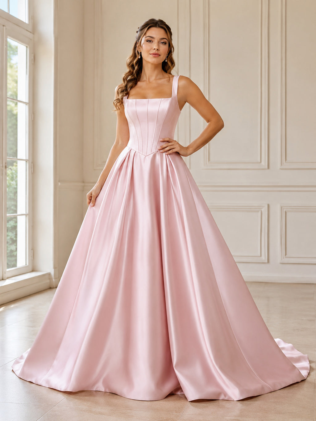 Blush Square Neck Straps Pleated Satin A Line Court Wedding Dress front view