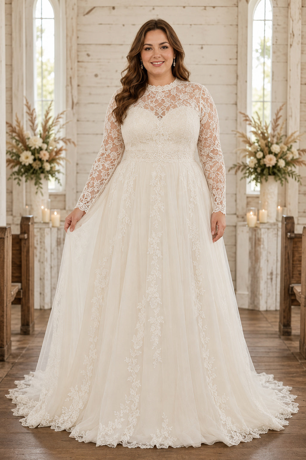 Plus Size Ivory High Neck Long Illusion Sleeve Lace Tulle A-Line Wedding Dress with High Lace Bodice and Chapel Train front v