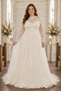 Plus Size Ivory High Neck Long Illusion Sleeve Lace Tulle A-Line Wedding Dress with High Lace Bodice and Chapel Train front v