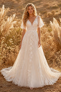 Ivory V-Neck Flutter Sleeve A-Line Wedding Dress with Lace Appliques and Sweep Train front view
