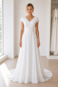 White Off-the-shoulder Long Sleeves A-Line Crepe Floor-length Wedding Dress With Lace Bodice and Sweep Train Pearl Detail
