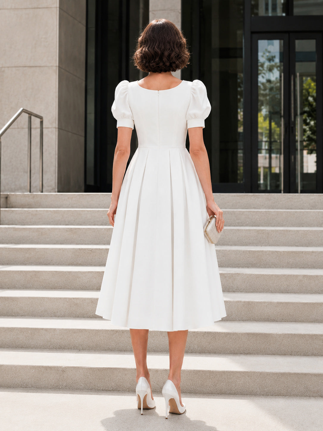 Simple Scoop Neck Puff Sleeve Satin Tea Length Courthouse Wedding Dress back view