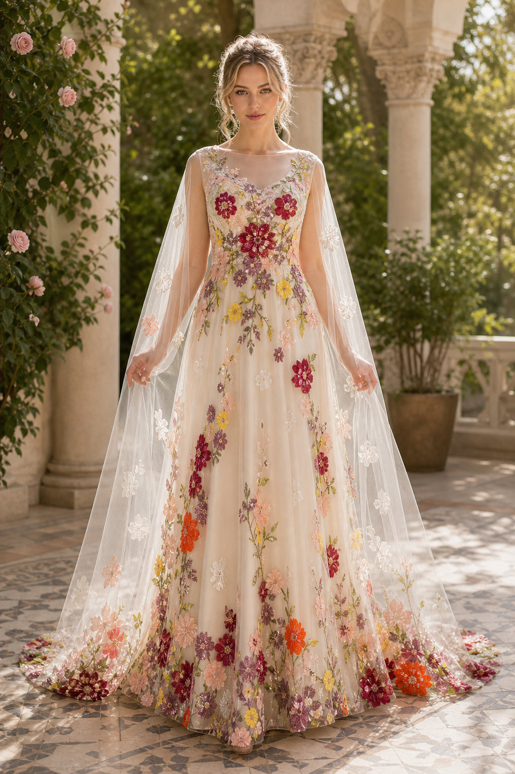 Ivory and Floral Illusion A-Line Tulle Floor-length Formal Dress With Floral Embroidery and Appliques