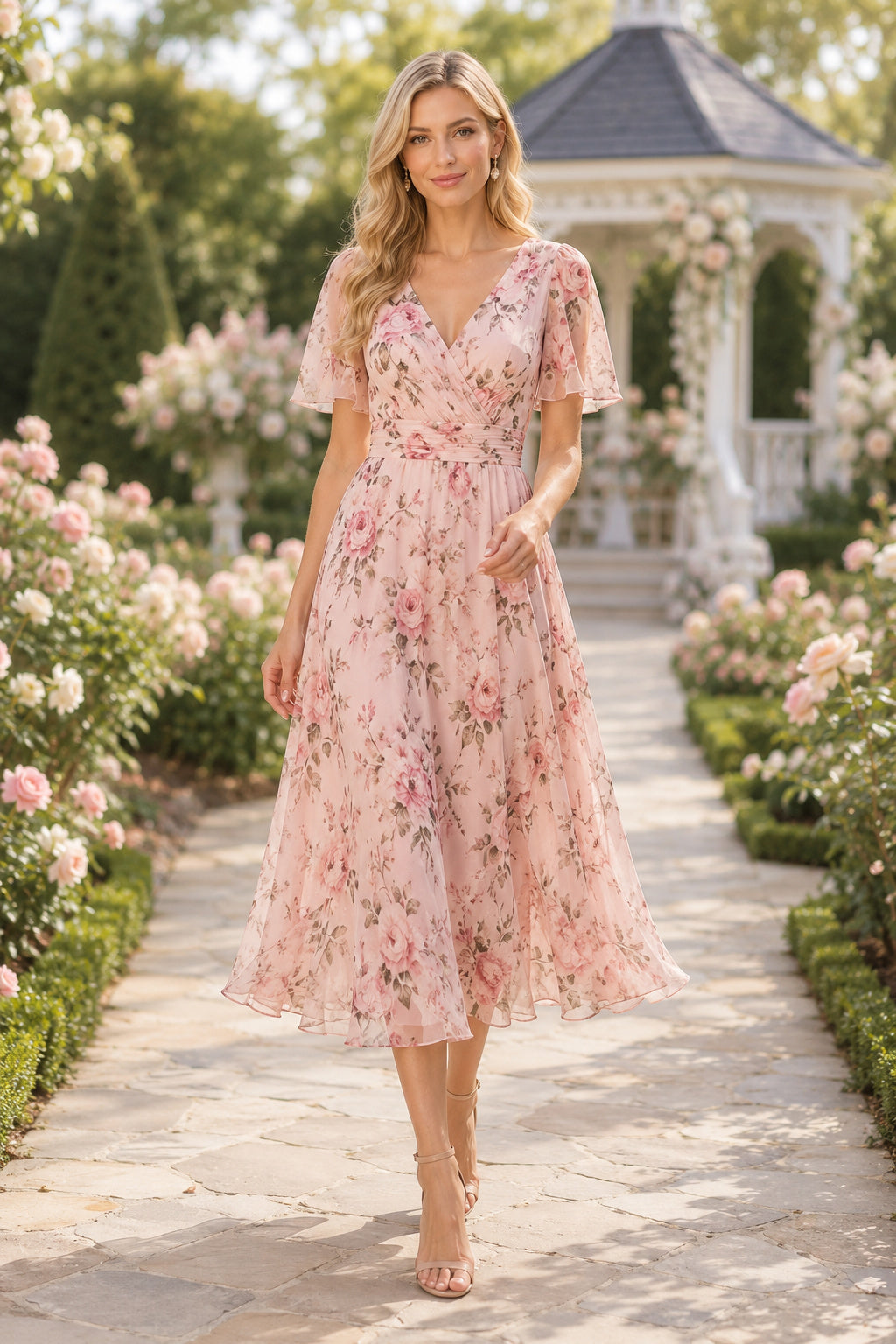 Dusty Rose Garden Wedding Guest Sheath Dress front view