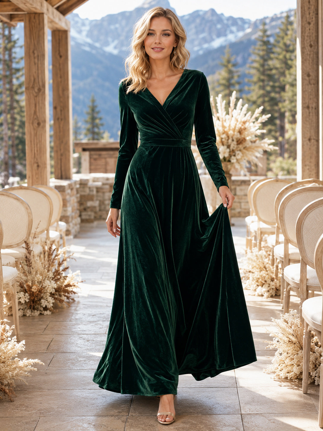 Forest Green Long Sleeve V Neck Velvet Floor Length A Line Guest Dress front view