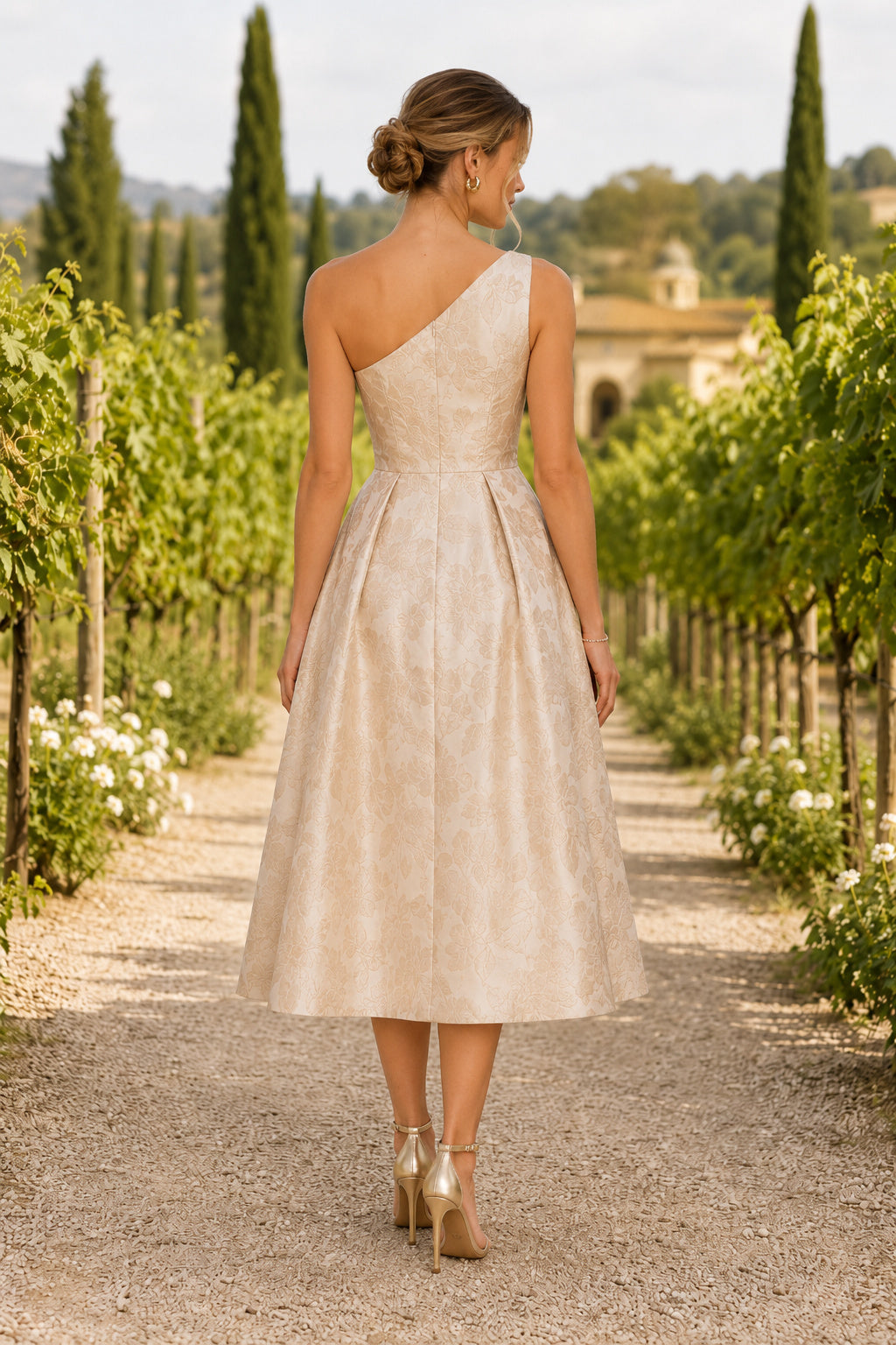 Champagne One-Shoulder Jacquard Tea-Length Dress back view