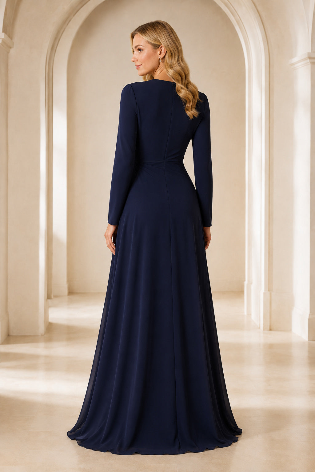 Dark Navy Long Sleeve A-Line Mother Dress with Bateau Neck back view