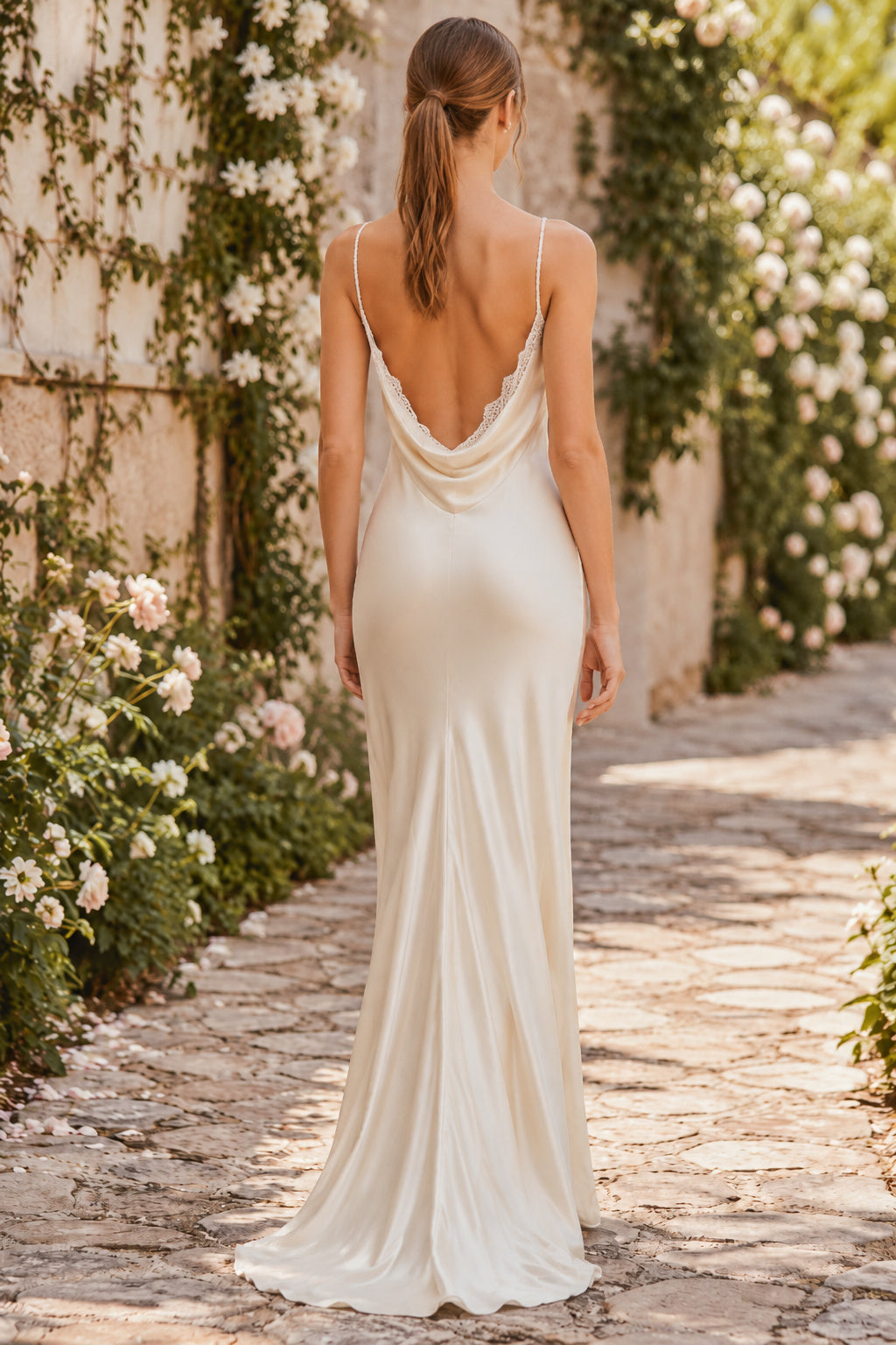 Simple Cowl Back Satin Sheath Wedding Dress with Spaghetti Straps and Soft Floor Length back view