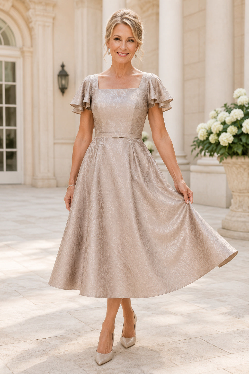 Taupe Satin Tea Length Mother Dress with Flutter Sleeves and Full A-Line Skirt for Evening Reception front view