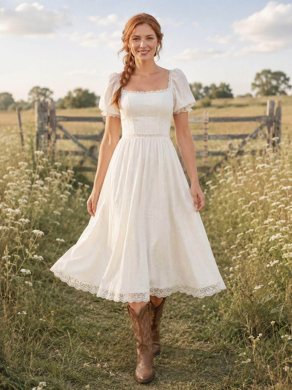 Meadow Country Simple Modest Casual A-Line Tulle Chiffon Wedding Dress with Square Neck Short Sleeve Tea-Length front view