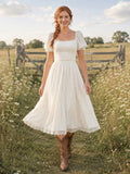 Meadow Country Simple Modest Casual A-Line Tulle Chiffon Wedding Dress with Square Neck Short Sleeve Tea-Length front view