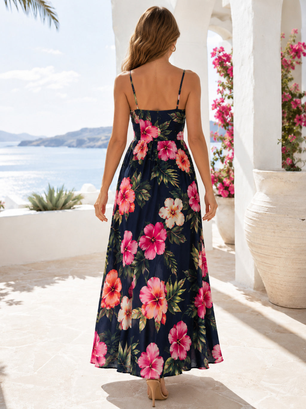 Black Spaghetti Strap Hibiscus Tropical Beach Maxi Dress back view