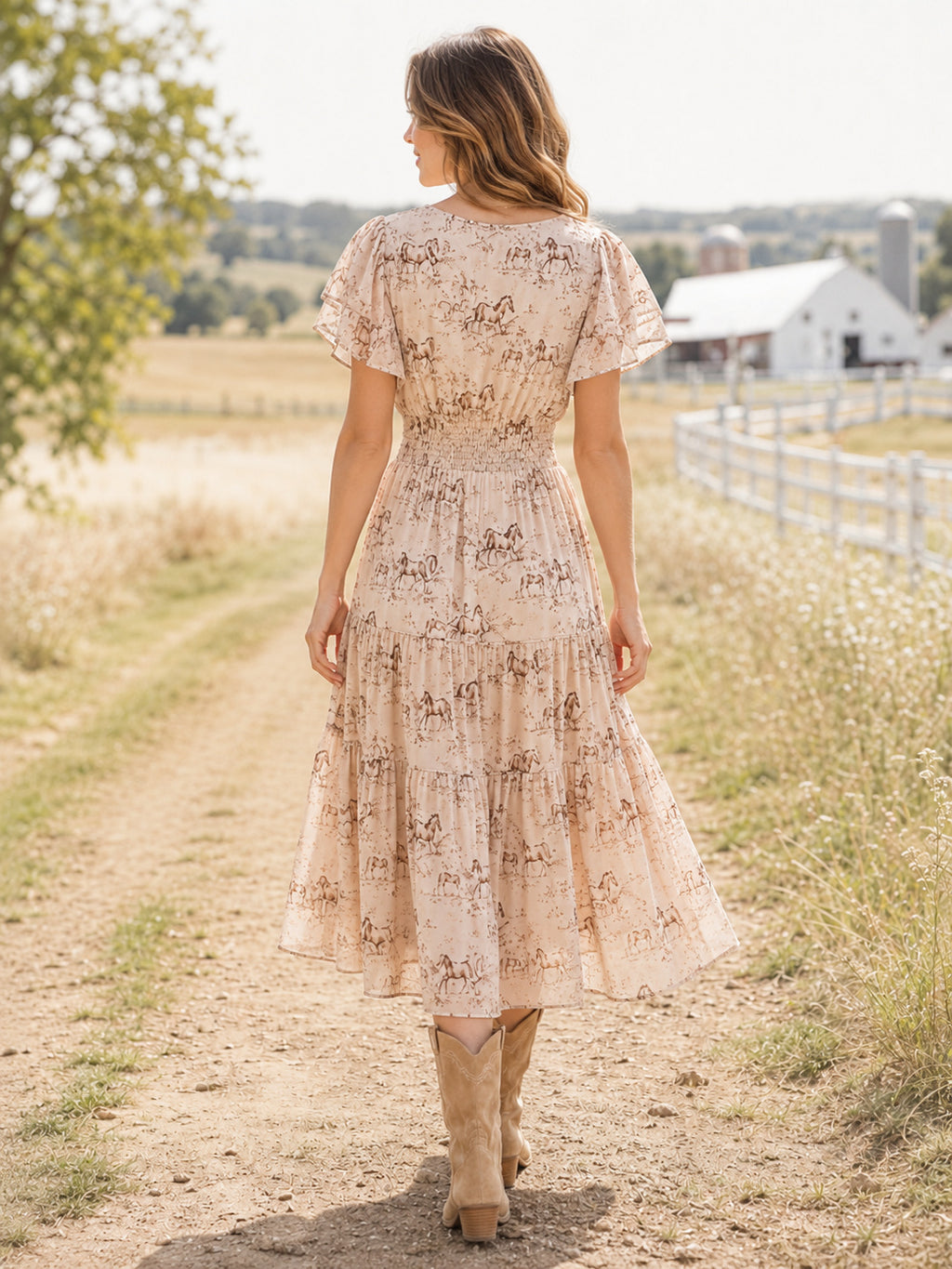 Blush Horse Print V-Neck Short Sleeve Tiered Chiffon Midi Dress back view