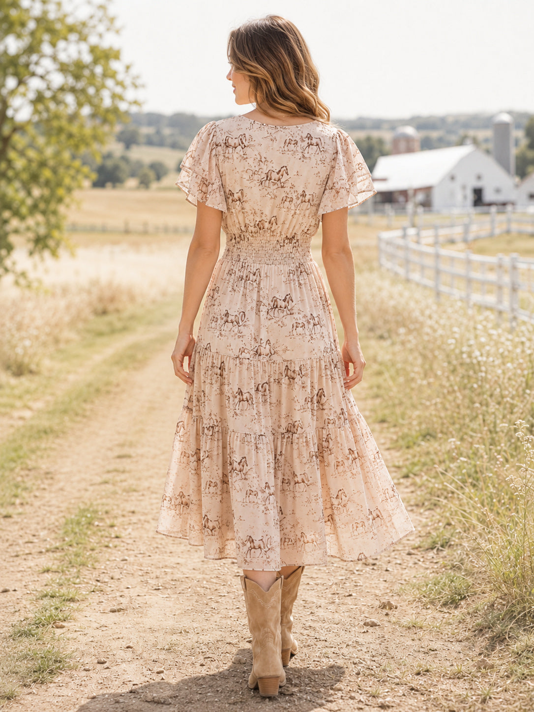 Blush Horse Print V-Neck Short Sleeve Tiered Chiffon Midi Dress back view