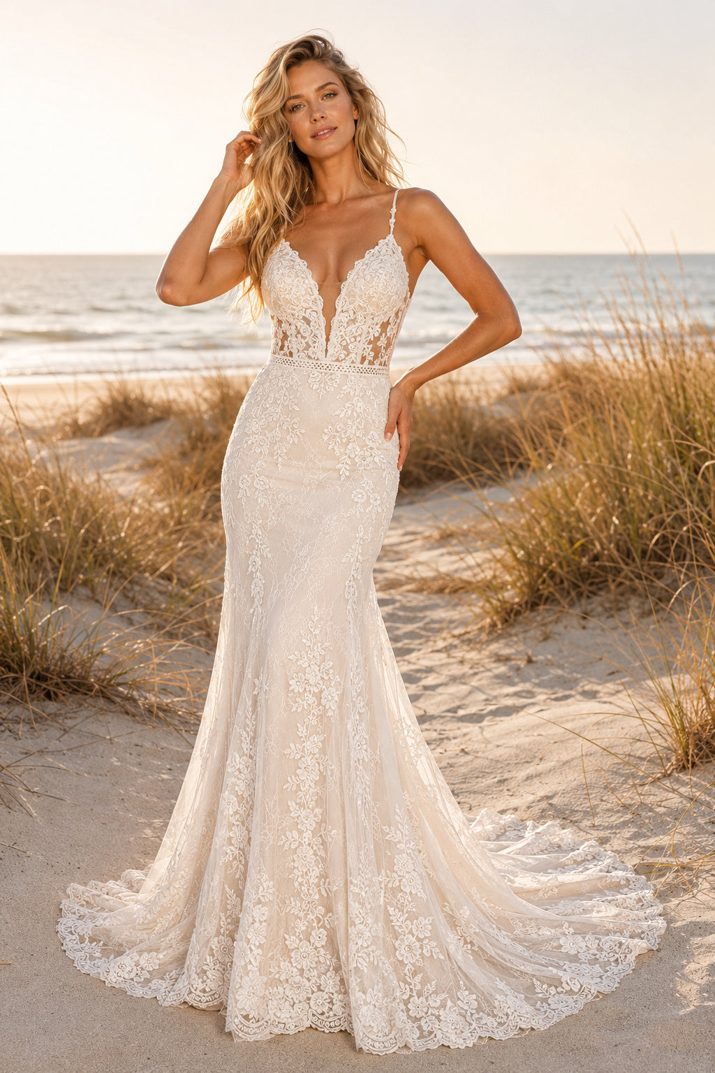 Ivory Spaghetti Lace Mermaid Wedding Dress Chapel Train for Wedding Ceremony and Reception Style MG_701431 front view