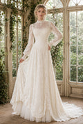 Ivory High Neck Long Sleeve Lace A-Line Wedding Dress Train for Wedding Ceremony and Reception Style MG_701481 front view