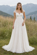 Ivory Cap Sleeve Tulle A-Line Wedding Dress with Sweetheart Bodice and Train front view