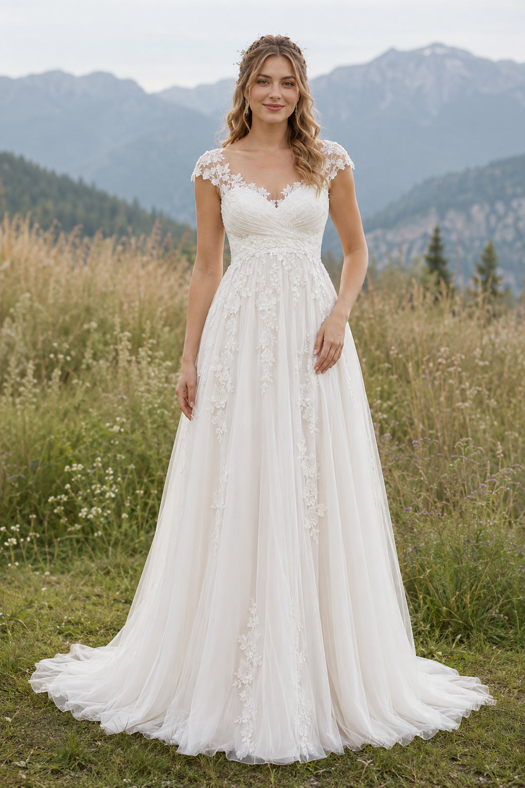 Ivory Cap Sleeve Tulle A-Line Wedding Dress with Sweetheart Bodice and Train front view