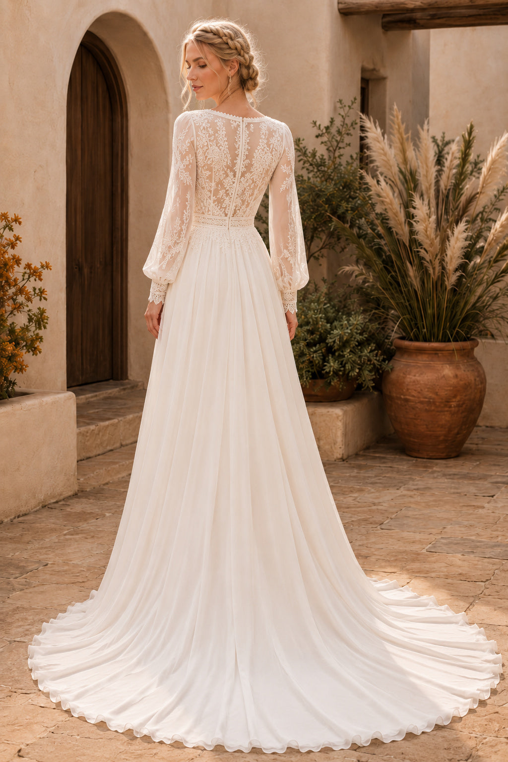 Long Sleeve V-Neck A-Line Wedding Dress with Lace Bodice and Chiffon Sweep Train back view
