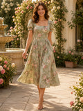 Sage floral puff sleeve A-line garden party midi dress front view