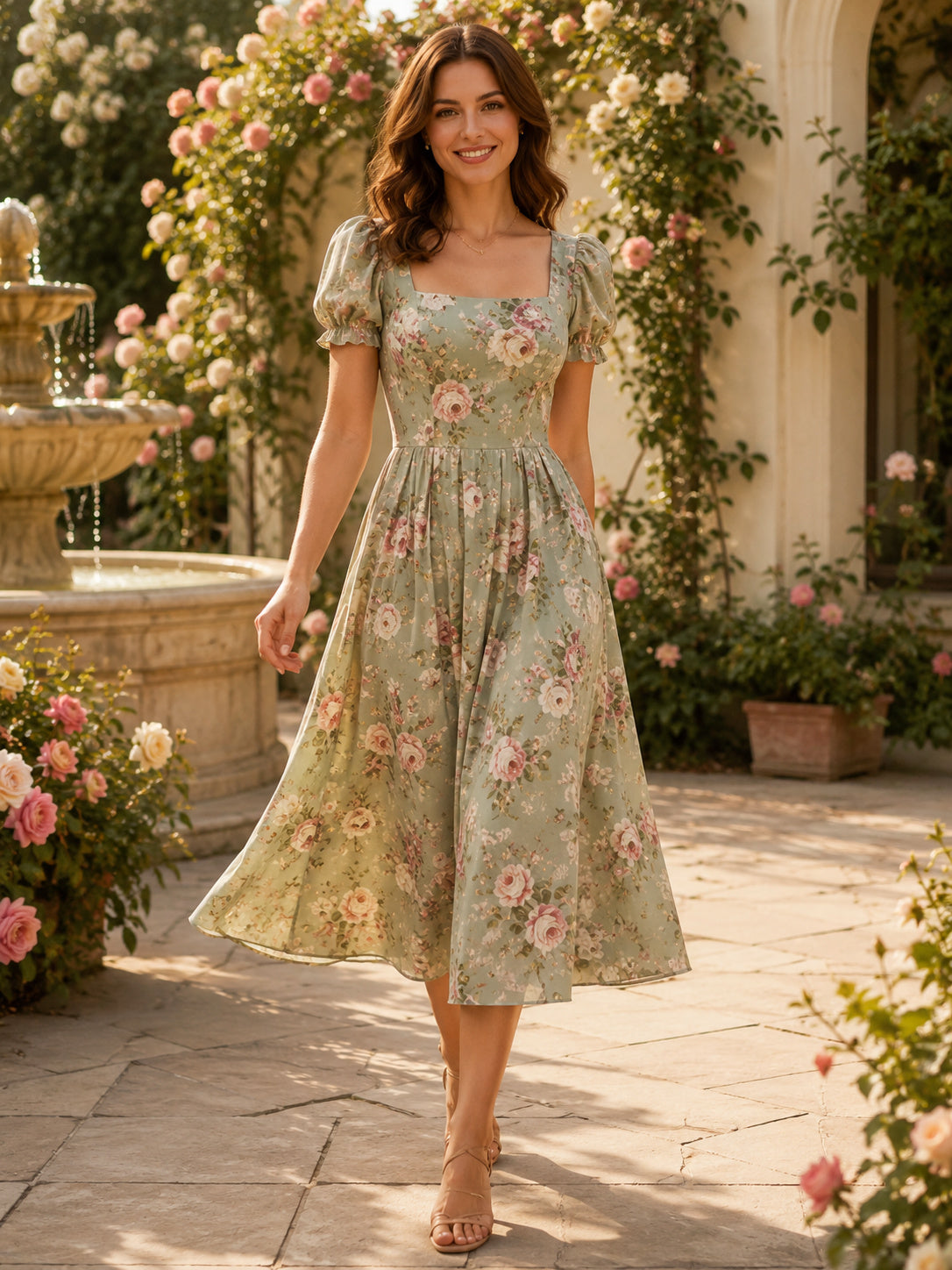 Sage floral puff sleeve A-line garden party midi dress front view