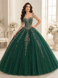 Dark Green Silver Luxury Straps Crystal Fringe Quinceanera Princess Formal Ball Gown front view